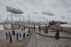 an oil painting of people walking on a sidewalk near a large body of water with ships in the background