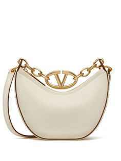 white nappa leather VLogo Signature chain-link top handle detachable shoulder strap top zip fastening main compartment internal logo stamp gold-tone hardware Moon Shoulder Bag, Valentino Bag, Moon Silhouette, Moon Bag, Leather Hobo Handbags, Mini Moon, Leather Cap, Valentino Bags, Mini Shoulder Bag