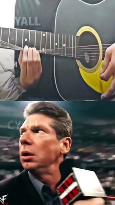 two pictures one with a man holding a guitar and the other with an instrument in his hand