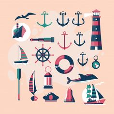 an assortment of different types of nautical items on a pink background, including ships and lighthouses