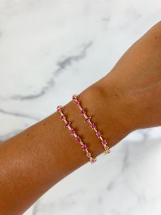 Pink Gemstone Bracelet - fall in love with this beautiful sterling silver bracelet made from colorful cubic zirconia stones! You have the option to choose from pink, clear, or rainbow pieces, and they all have a lobster clasp closure. these stunning bracelets are made to last and perfect for your every day wear and laying together! Pink Bangle Tennis Bracelet As Gift, Pink Cubic Zirconia Tennis Bracelet Gift, Cubic Zirconia Beaded Bangle Bracelet Gift, Cubic Zirconia Gemstone Bangle Bracelet, Pink Cubic Zirconia Bangle Bracelets, Stackable Cubic Zirconia Tennis Bracelet As Gift, Fine Jewelry Birthstone Bracelets With Cubic Zirconia, Dainty Cubic Zirconia Bracelets With Gemstones, Cubic Zirconia Gemstone Tennis Bracelet