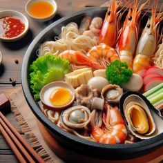 an assortment of seafood and noodles in a bowl with chopsticks on the side