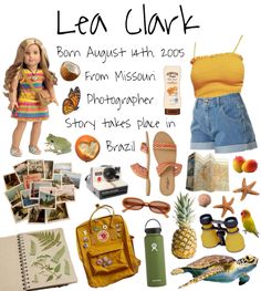 a collage of items including a doll, books and other things to include in the book