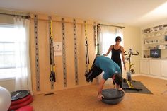 a woman doing exercises in her home gym