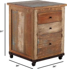 a wooden cabinet with three drawers on wheels and measurements for each drawer, including the height