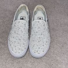 Beautiful Handmade Vans! These Were Made For My Wedding And Would Love Them To Have Another Chance To Be Worn! Comfort Pads Can Be Removed If Needed! White Rhinestone Wedding Shoes For Spring, White Slip-on Wedding Shoes, Van Color, Vans White, Womens Vans, Vans Shoes, Womens Shoes Sneakers, Custom Made, Shoes Sneakers