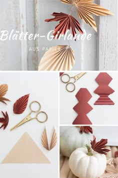 paper leaves, scissors and pumpkins are featured in this collage with text that reads blatter - glamdee aus papie