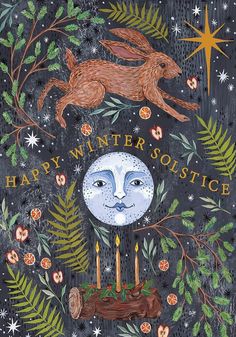 a card with an image of a rabbit on the moon and stars in the background