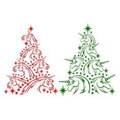 three christmas trees with red and green designs