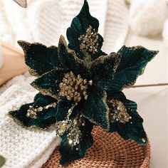 a green poinsettia sitting on top of a basket next to a white sweater