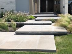 some concrete steps in front of a house with grass and flowers on the side walk