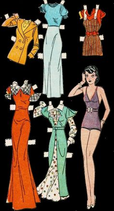 an old fashion paper doll with four different dresses and one woman's dress on it