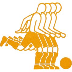 an orange and white drawing of three people playing soccer