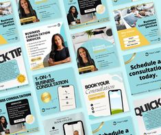 a bunch of business brochures are displayed on a blue and yellow background with different images