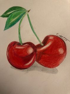 A realistic drawing of deep red cherries with green leaves Drawing Ideas Easy Realistic, Draw With Colored Pencils Easy, Cool Colored Pencil Drawings Easy, Easy Realistic Drawings Color, Cherry Fruit Drawing, Realistic Paintings Easy, Realistic Easy Drawings, Cherry Drawing Pencil