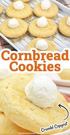 cornbread cookies with marshmallows and whipped cream on top are shown in this collage