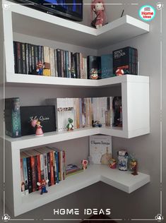 a corner shelf with books and toys on it in front of a tv screen that reads home ideas