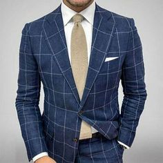 (eBay) Men Blue Checkered Suits Notched Lapel Formal Party Business Tuxedos Custom Trendy Mens Clothing, Men Dress Outfits, Mens Plaid Blazer, Plaid Blazer Outfit, Business Attire For Men, Checkered Suit, Pattern Sleeve, Suit Collar, Slim Suit