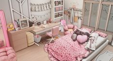 a bedroom with pink furniture and decorations on the walls