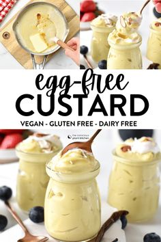 an egg - free custard recipe in a jar with spoons and blueberries