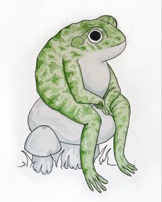 a drawing of a frog sitting on top of a mushroom with its legs crossed and eyes wide open