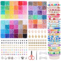 many different types of beads, scissors and other crafting supplies are arranged on a white background