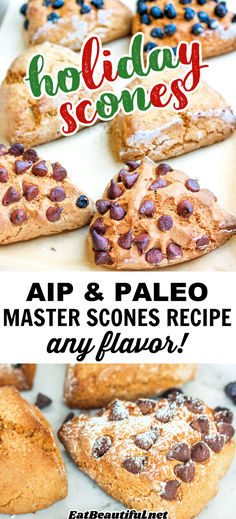 an advertisement for holiday scones with chocolate chip cookies and blueberries on them in the foreground