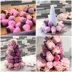 four pictures of different types of cakes and flowers on display in front of the camera