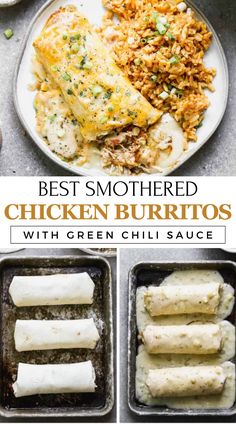 A plate of smothered chicken burritos topped with green chili sauce, cheese, and garnished with cilantro. Green Chile Smothered Burritos, Taco Bell Chicken Burrito Recipe, Smothered Chimichanga Recipe, Chimichanga Cheese Sauce, White Chicken Burritos, Burrito With Cheese Sauce, Cilantro Lime Chicken Burritos, Mexican Tuesday Recipes