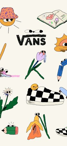 an image of vans stickers on a white background with flowers and animals around them