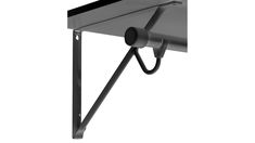 a black and white photo of a wall mounted shelf with a hook on the side