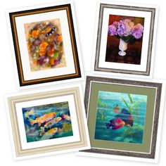 four framed pictures with flowers and fish in them