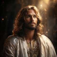 a man with long hair wearing a white robe and gold trimmings standing in front of a dark background