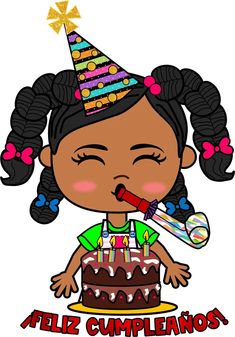 a cartoon girl blowing out candles on a birthday cake with the words,'allz cumplenos '