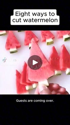 watermelon slices are arranged in the shape of fish and text that reads eight ways to cut watermelon