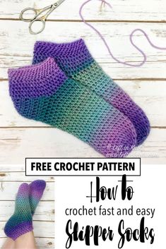 the crochet sock pattern is shown with text overlay that says free crochet pattern how to crochet fast and easy slippers socks