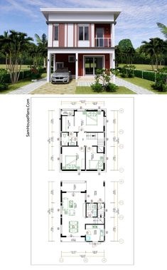 two story house plan with garage and living room in the middle, surrounded by palm trees