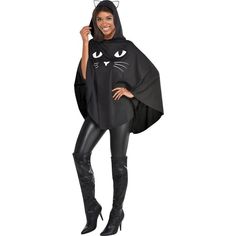 The Black Cat Poncho will have you saying Meow! This hooded Knit poncho features a glitter-printed cat face and ears on the hood. Pair with black leggings to complete the ispook-i-tacular look. Whether trick-or-treating with the family or attending a Halloween party the Black Cat Poncho will keep you warm and comfy throughout the night! Shoes and leggings not included. pbAdult Black Cat Poncho product details:-b-p ul liOne size fits most adults-li -ul Cat Costume For Women, Party Expert, The Black Cat, Cat Costume, Halloween Costume Shop, Knit Poncho, Hooded Poncho, Knitted Hood, Adult Halloween Costumes