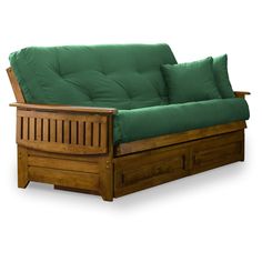 a wooden futon bed with green cushions