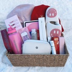 a basket filled with personal care items in the snow