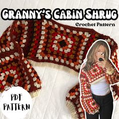 a crochet granny shawl pattern with the text granny's cabin shrug