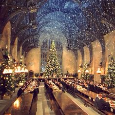 a large dining hall filled with lots of tables and christmas trees in the middle of it