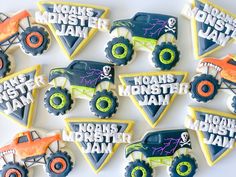 decorated cookies with monster trucks on them