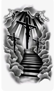 jesus on the cross with clouds and stairs