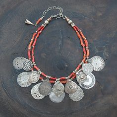 Modern ethnic statement necklace - antique Berber pendants and Moroccan coral - by Angela Lovett Designs Ethnic Chic, Necklace Antique, Ageless Style, Modern Necklaces, Contemporary Jewelry, Silver Pendant Necklace, Gold Beads, Semi Precious Gemstones