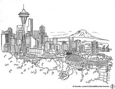 a black and white drawing of the seattle skyline