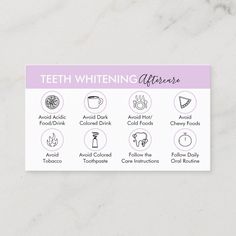 Purple Teeth Whitening Aftercare Tips Guides Business Card Size: ' ', 3.5" x 2.0". Color: Standard Semi-Gloss. Gender: unisex. Age Group: adult. Green Teeth, Tooth Gem, Blue Pastel, Business Card Size, Cold Meals, Teeth Whitening, Business Card, Pink Blue, Business Cards