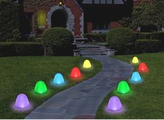 several colored lights are on the path leading to a house in the evening time with green grass and bushes