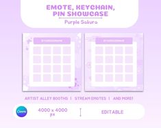 an image of a purple background with the words emote, heychain, pin showcase