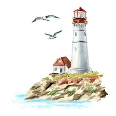 a watercolor painting of a lighthouse and seagulls